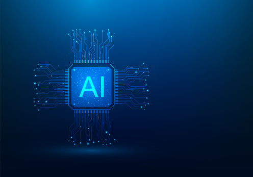 artificial intelligence technology on blue dark background. copy space for text. ai innovation smart robot. Intelligent brain, problem solving. vector illustration low poly fantastic design.