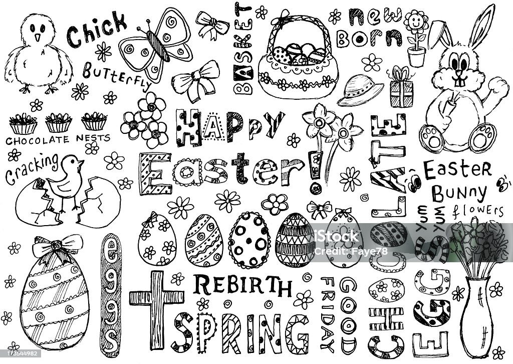 Lots of easter doodles including eggs, bunny and a bonnet Original sketches - great for greeting cards or invitations. Easy to add colour. Easter stock illustration