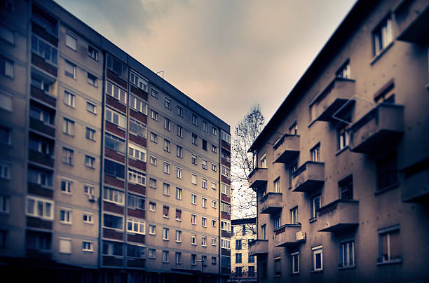 Urban Ugly old apartment building, taken with wide angle tilt shift lens. ljubljana slums stock pictures, royalty-free photos & images