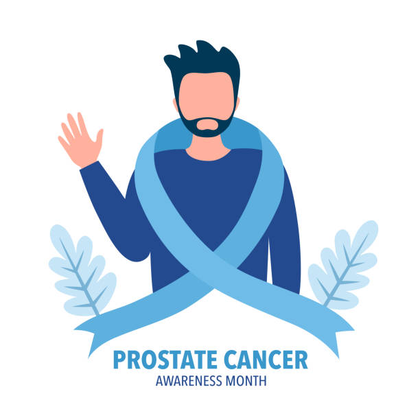World prostate cancer awareness month. Man with blue ribbon logo in flat design on white background. vector art illustration