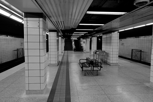 Toronto subway station in blurred. Shooting with a monochrome camera. Authentic photography without AI.
