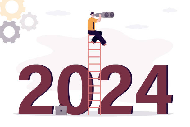 illustrations, cliparts, dessins animés et icônes de un homme d’affaires intelligent regarde à travers des jumelles et s’assoit sur une échelle au-dessus du texte 2024. tendances commerciales pour 2024, vision, prévisions, recherche d’opportunités ou concept de leadership - voeux 2024