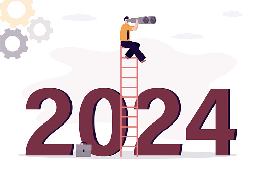 Smart businessman is looking through binoculars and sitting on ladder top above text 2024. Business trends for 2024, vision, forecast, searching for opportunities or leadership concept. flat vector