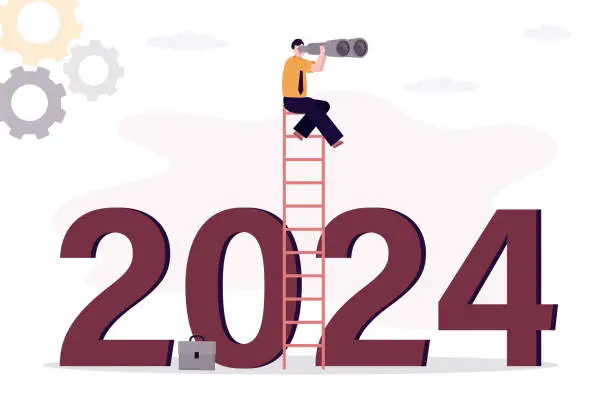 Vector illustration of Smart businessman is looking through binoculars and sitting on ladder top above text 2024. Business trends for 2024, vision, forecast, searching for opportunities or leadership concept