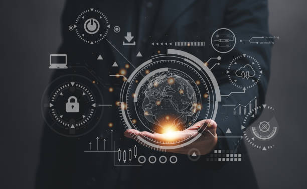 istock Artificial intelligence concept. A man holds a graphic globe in his hand. AI is used in various fields of business, finance, education, technology, industry. 1736510525