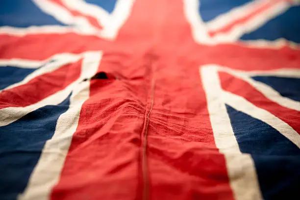 Unionjack flag, old from the 1940's angled with shallow foucs.