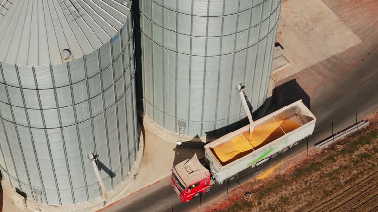 AERIAL Drone shot of Silver-Color Silo Loading Corn into Trailer for Transportation on Sunny Day