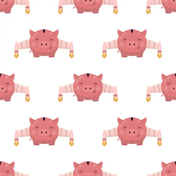 Vector illustration of Piggy bank with rocket boosters and wings flying high up in sky. Seamless pattern with funny animal. Boost financial earnings, passive income, high growth investment,