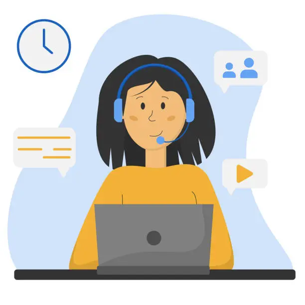 Vector illustration of call center agent working on laptop with headset