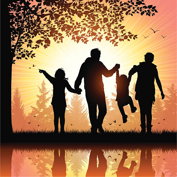 Happy Family Vector illustration silhouettes of happy young family walking in the park. Hi-Res jpeg included (5200 x 5200 px) family silhouettes stock illustrations