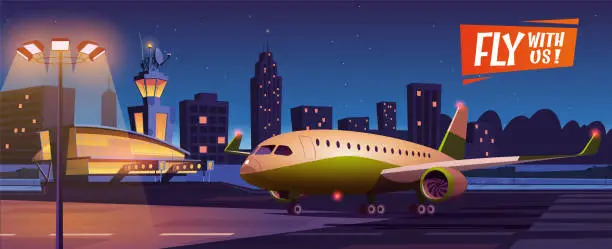 Vector illustration of Airplane on night airport runway ready to take off vector illustration