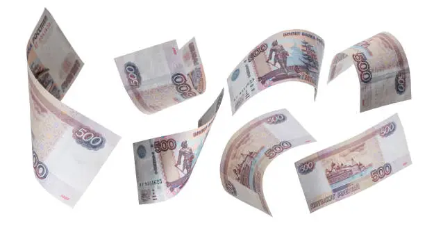500 Rubles flying on white background. Russian banknotes at different angles. High quality photo