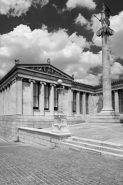 The Academy of Athens is a neoclassical building in the centre of Athens. The statue to the right depicts Athena, the patron goddess of Athens.