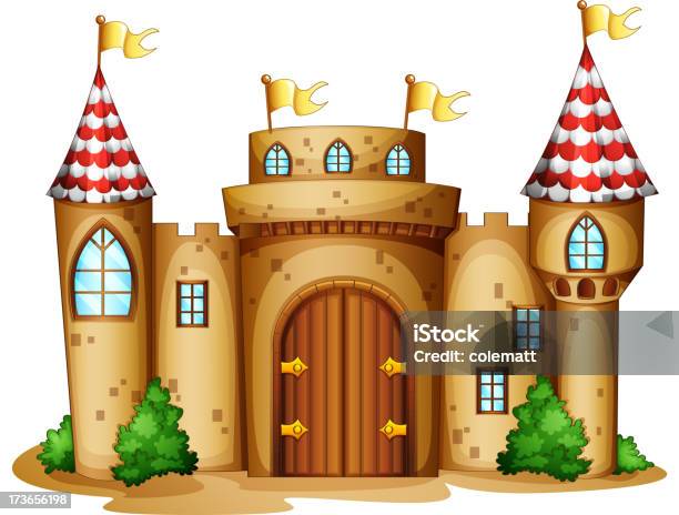 Castle With Four Banners Stock Illustration - Download Image Now - Backgrounds, Brick, Brown