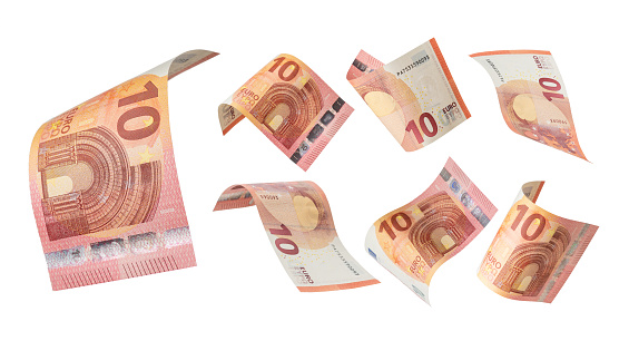 10 euro flying on white background. Euro Union banknotes at different angles. Front side. High quality photo