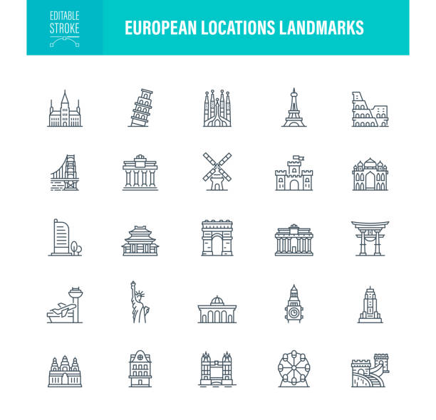 ilustrações, clipart, desenhos animados e ícones de locais europeus pontos de referência ícones traçado editável - arco caraterística arquitetural
