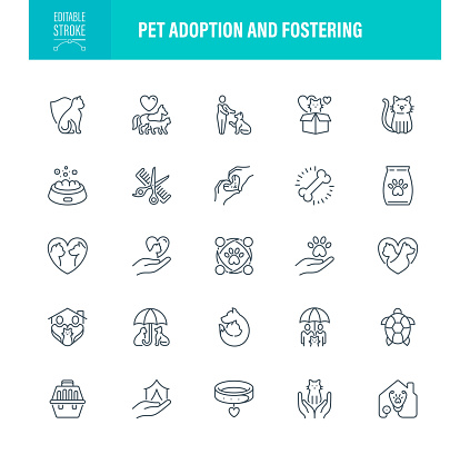 Pet Adoption and Fostering Icon Set. Editable Stroke. Pets, Dog, Domestic Cat, Family, Veterinarian, Charity, Pet Owner, Domestic Cat