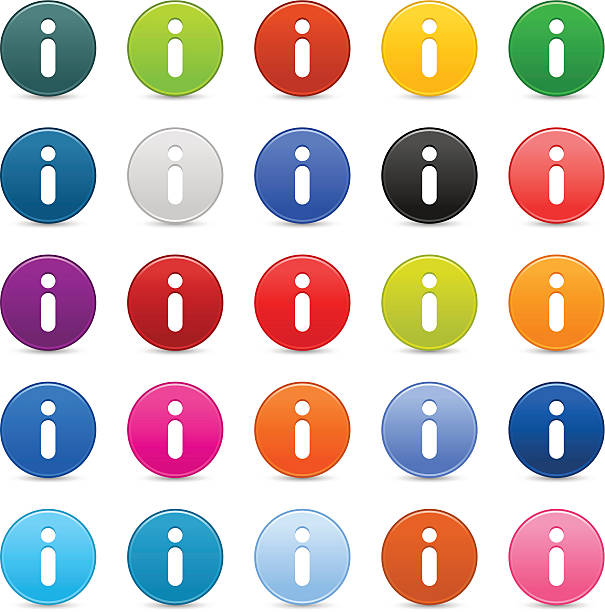 Information sign satin circle icon web internet button reflection shadow 25 colore satin icon with white pictogram information sign. Green, brown, yellow, blue, gray, black, red, violet, orange, blue, pink, purple colors web internet button with shadow and reflection on white background. blue letter i stock illustrations