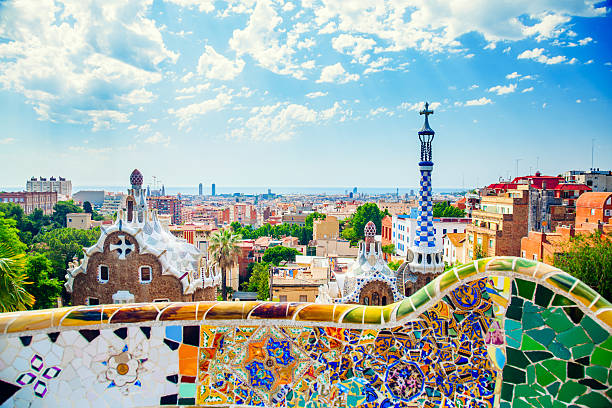 panoramic view of park guell in barcelona, spain - barcelona stok fotoğraflar ve resimler