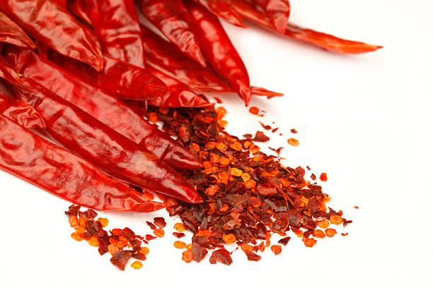 istock Dried Red hot Chilli Pepper and Flakes on white Background 173660419