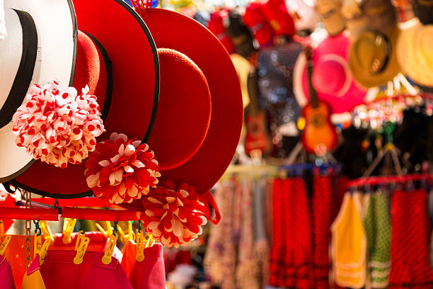 Souvenir shop in Seville souvenir shop in Seville where we find the typical and popular items in spain. The colors and patterns reflect the Spanish culture and flamico. pink guitar stock pictures, royalty-free photos & images