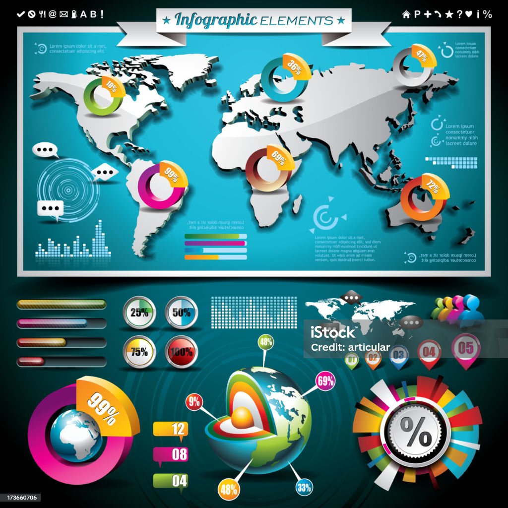 World map design set of infographic elements. Vector design set of infographic elements. World map and information graphics. EPS 10. Image contain transparency. Abstract stock vector