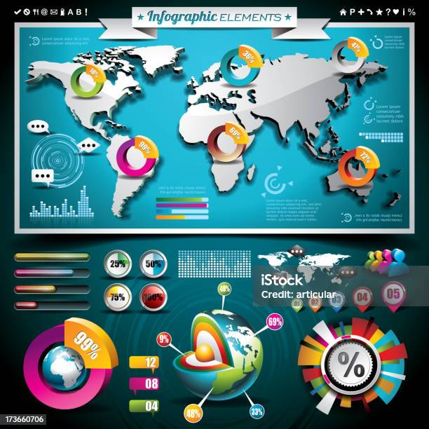 World Map Design Set Of Infographic Elements Stock Illustration - Download Image Now - Abstract, Back Lit, Badge