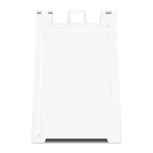 Vector illustration of Sandwich white board realistic vector mockup. A-frame sidewalk sign mock-up. Double sided plastic easel display template for design