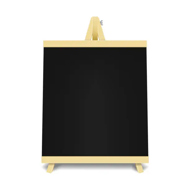 Vector illustration of Wooden sandwich black board realistic vector mockup. Blank A-frame chalkboard mock-up. Outdoor sidewalk sign. Menu display stand. Template for design