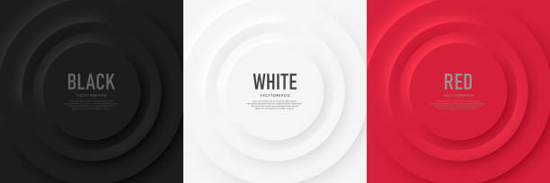Set of black, white and red 3D radial circle pattern with soft light and shadow in neumorphism style. Minimal wave curve pattern collection design with text copy space. Creative trendy color templates vector art illustration