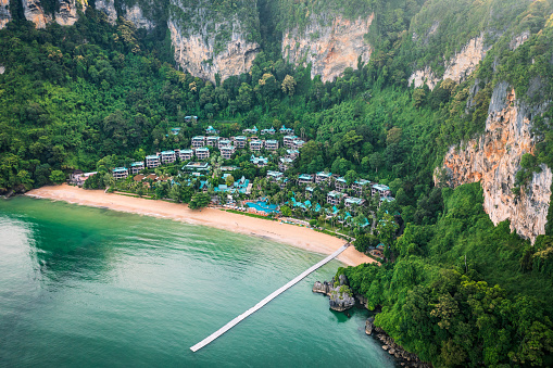 Aerial drone view of Pai plong beach is seen from above.  Ao Nang, Krabi, Thailand.