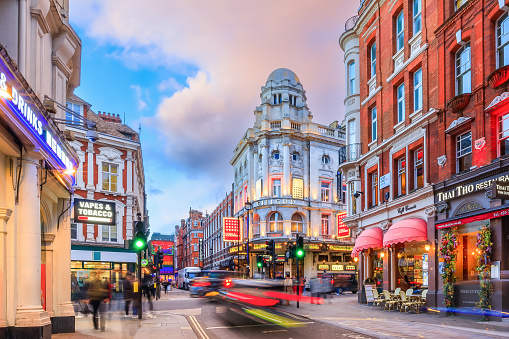 London, England, UK - March 14, 2023: West End theatres on Shaftesbury Avenue.