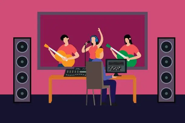 Vector illustration of People sitting in control room with different equipment for capturing, mixing and mastering music
