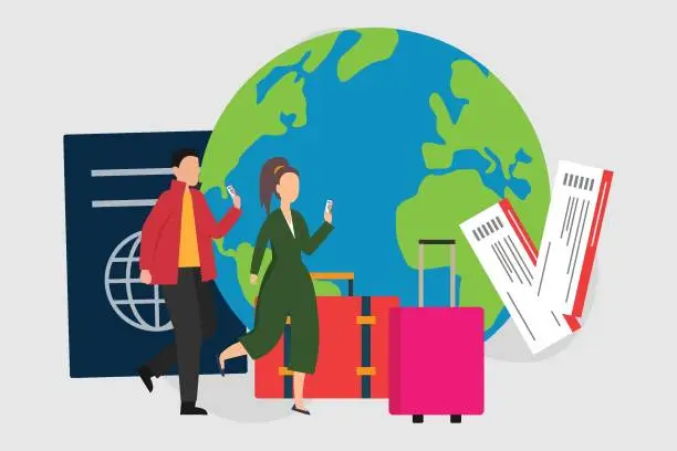 Vector illustration of Traveler with globe, passport, ticket and suitcases