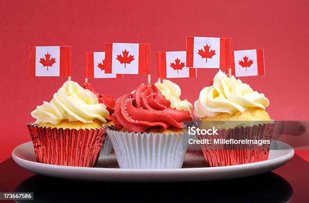 Canadas Cupcake Red White And Blue With Maple Leaf Flag Stock Photo - Download Image Now