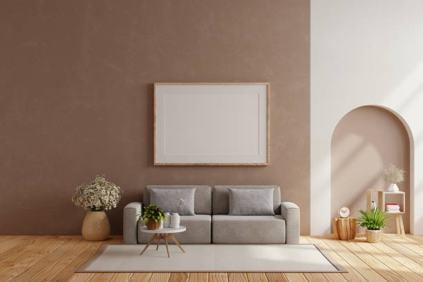 istock Horizontal poster frame mockup in scandinavian style living room interior 1736676455