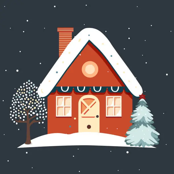 Vector illustration of Fairy scandi winter home. Christmas scandinavian house and trees. Trendy childish vector house. Christmas card