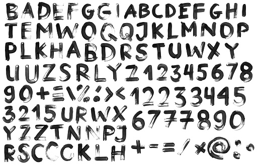 Hand drawn numbers and capital letters. White sheet of paper filled by various uneven messy irregular dirty letters and signs doodled by black acrylic paint. 
Zoom to see natural uneven unfinished shapes and unique brush strokes!

VECTOR FILE - enlarge to get unlimited area without lost the quality!