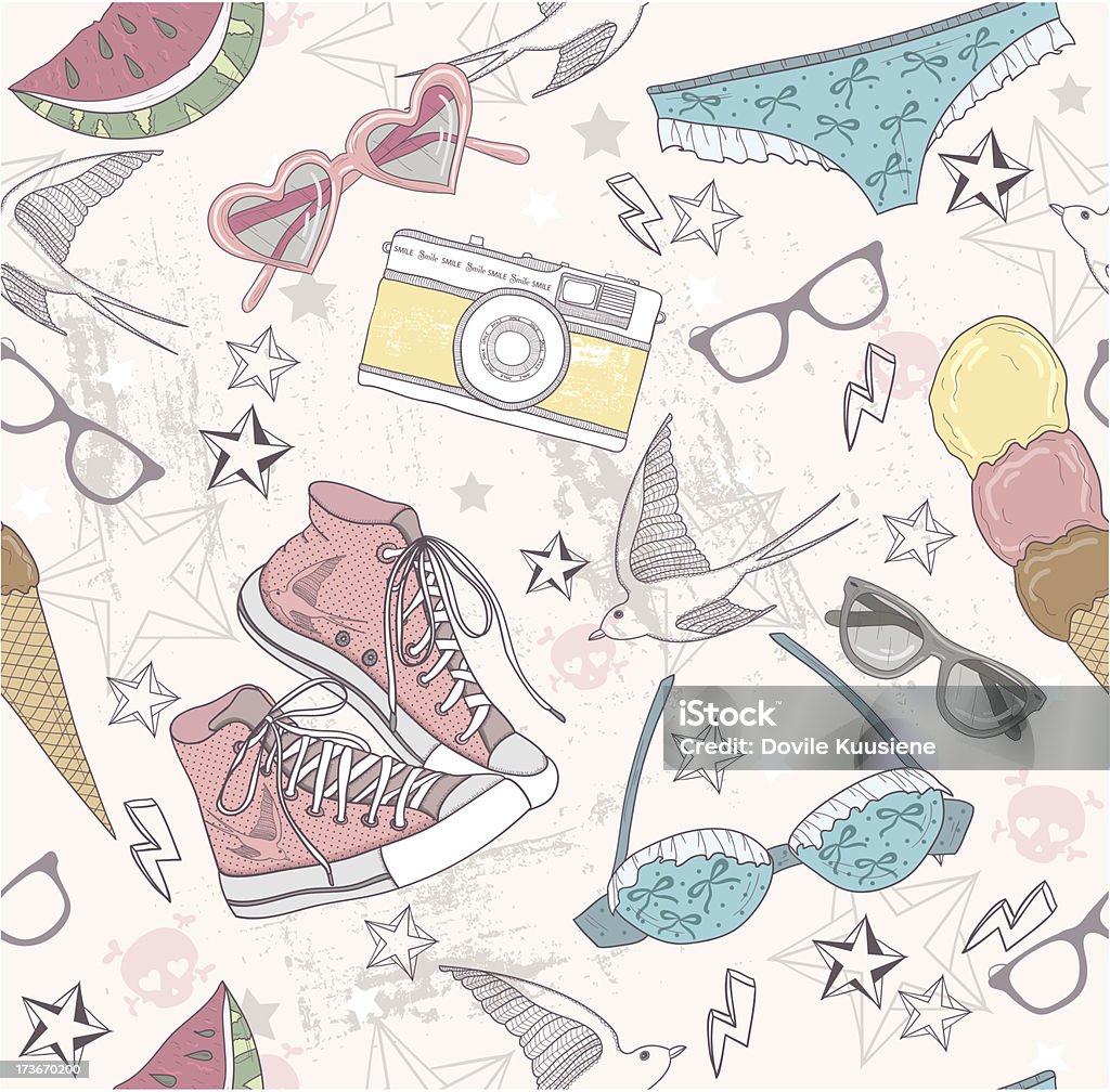 Cute summer abstract background. Seamless pattern with swimsuits and sunglasses Cute summer abstract pattern. Seamless pattern with swimsuits, sunglasses, sun glasses, sneakers, and ice creams . Fun pattern for children or teenager girls. Cartoon stock vector