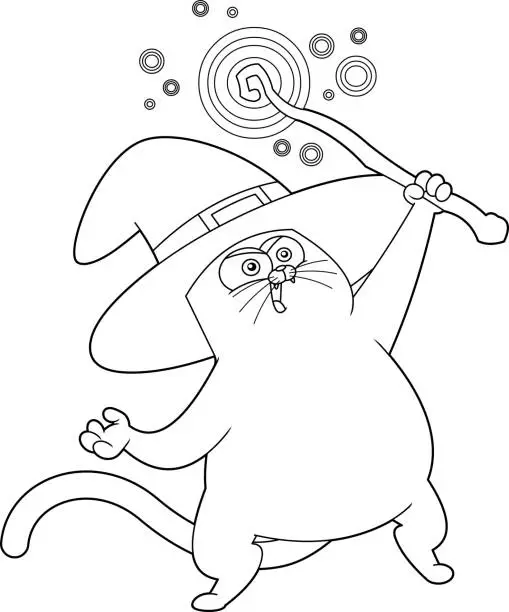 Vector illustration of Outlined Halloween Witch Black Cat Cartoon Character With Magic Wand Making Magic
