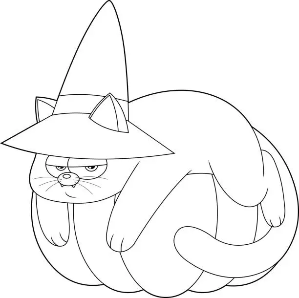 Vector illustration of Outlined Witch Black Cat Cartoon Character Sitting On Pumpkin