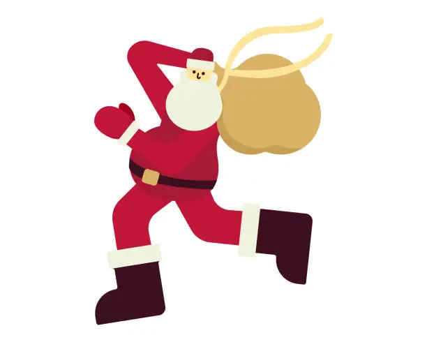 Vector illustration of Santa Claus runs with bag of gifts. New Year character is in hurry in motion. Festive red suit and white beard. Isolated