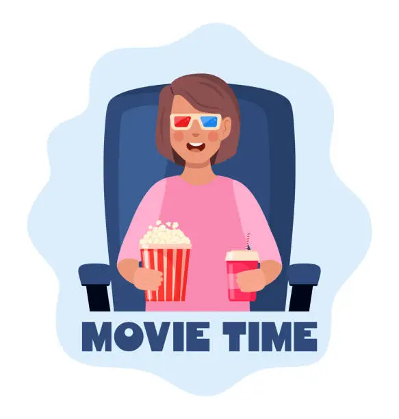 Vector illustration of Kid watching movie with 3d glasses. Soda and popcorn in kids hands. Movie time concept. Cinema theater entertainment for children. Vector illustration.