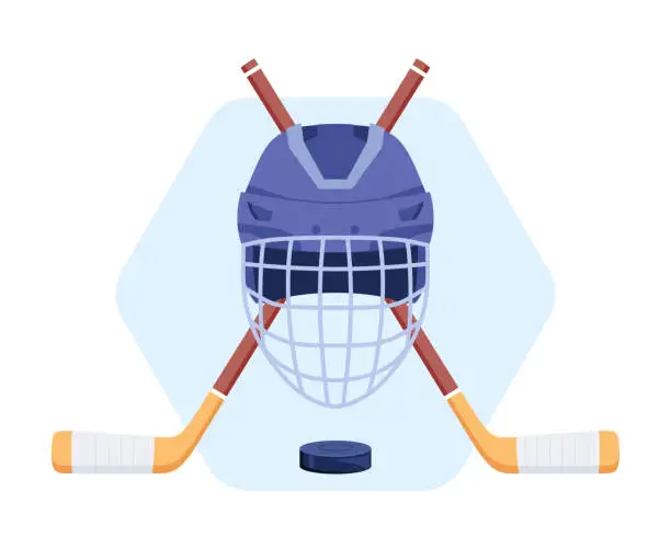 Vector illustration of Ice hockey emblem template, badge, logo. Hockey helmet with crossed cues and puck. Vector illustration.