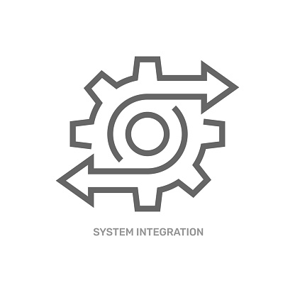 Data operation and system integration process with thin line gearwheel. Outline trend modern simple recycle or execute logotype graphic design element isolated on white. Editable Stroke. EPS 10.