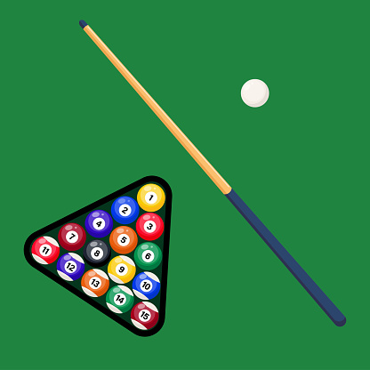 Billiard cue and pool balls in triangle on green table. Billiard balls, triangle and pool stick for game on green table top view. Vector illustration