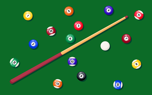 Billiard cue and pool balls on green table. Billiard balls and pool stick for game on green table, top view. Vector illustration