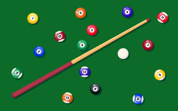 Vector illustration of Billiard cue and pool balls on green table. Billiard balls and pool stick for game on green table, top view. Vector illustration.