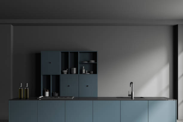 istock Dark home kitchen interior with counter and shelves with kitchenware 1736737536