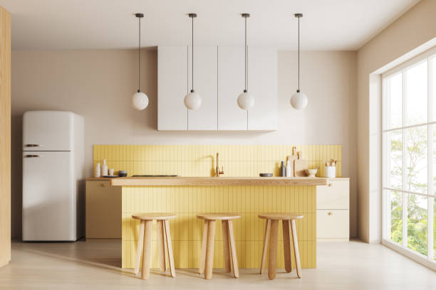 istock Cozy hotel kitchen interior with bar counter, cooking area and panoramic window 1736740270